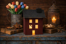 Load image into Gallery viewer, Primitive Wooden Red Saltbox House w/ clip light & bulb