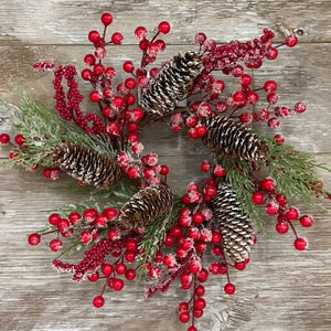 Snow Covered Red Berry Candle Ring 4.5"