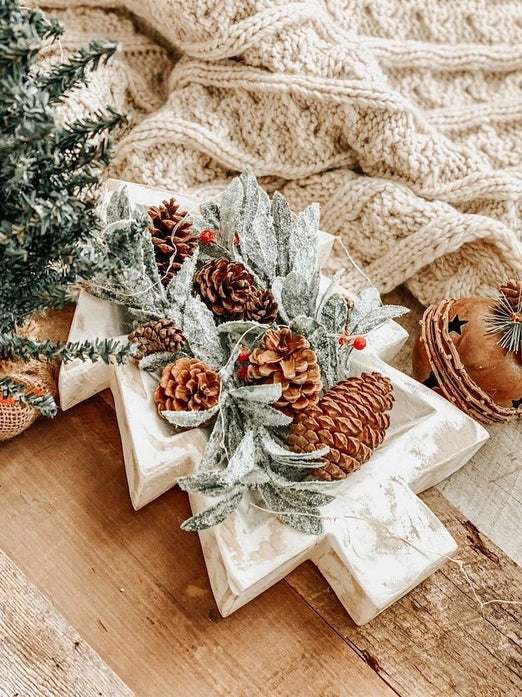 Wooden Christmas Tree Dough Bowl in Rustic White
